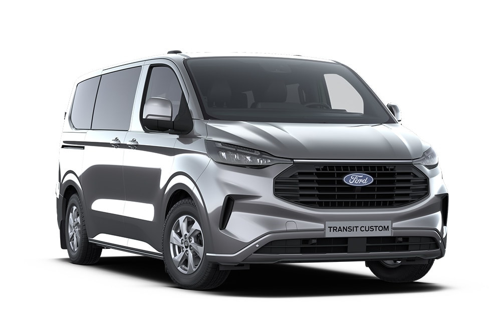 Vue sous un angle avant gauche d'un Ford Transit Custom Kombi Limited gris foncé sur fond blanc.