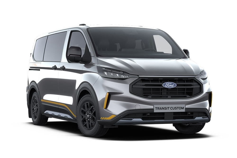 Vue sous un angle avant gauche d'un Ford Transit Custom Kombi Trend gris foncé sur fond blanc.