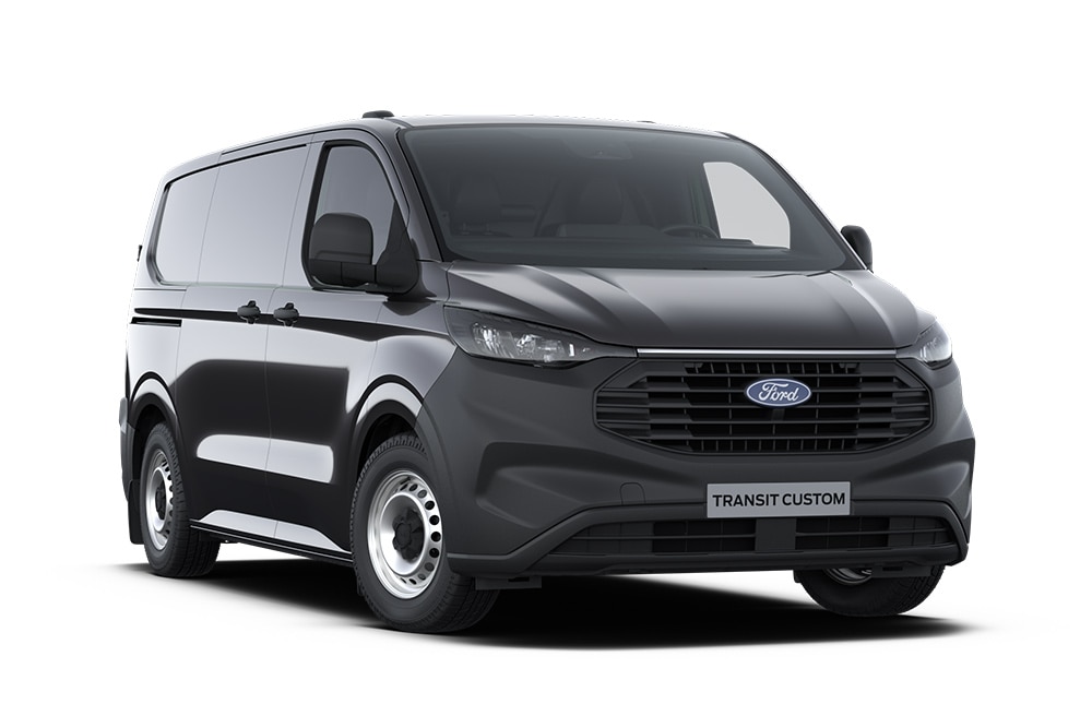 Fourgon Leader Ford Transit Custom gris anthracite, vu de devant.