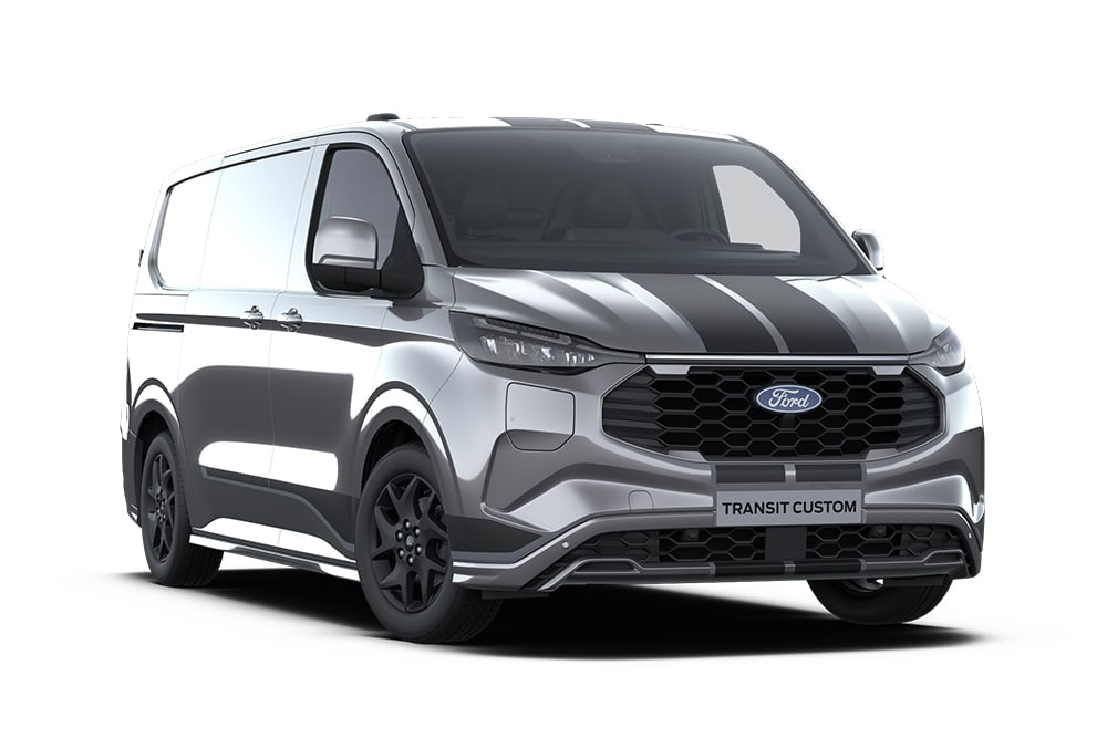 Fourgon Sport Ford Transit Custom anthracite avec des touches de bleu.