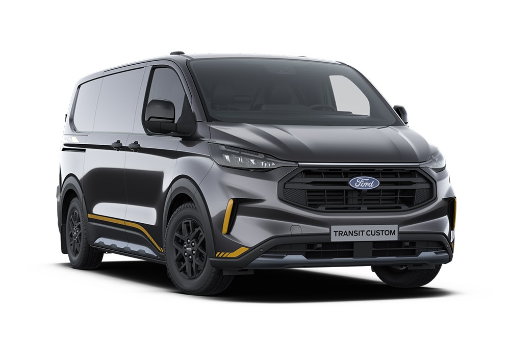 Fourgon Trail Ford Transit Custom gris anthracite avec des touches dorées.
