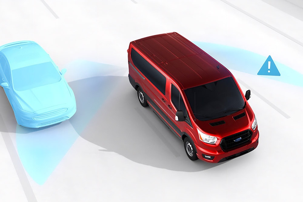 Vue graphique aérienne d’un fourgon Ford Transit rouge avec icônes d’alerte de sécurité.