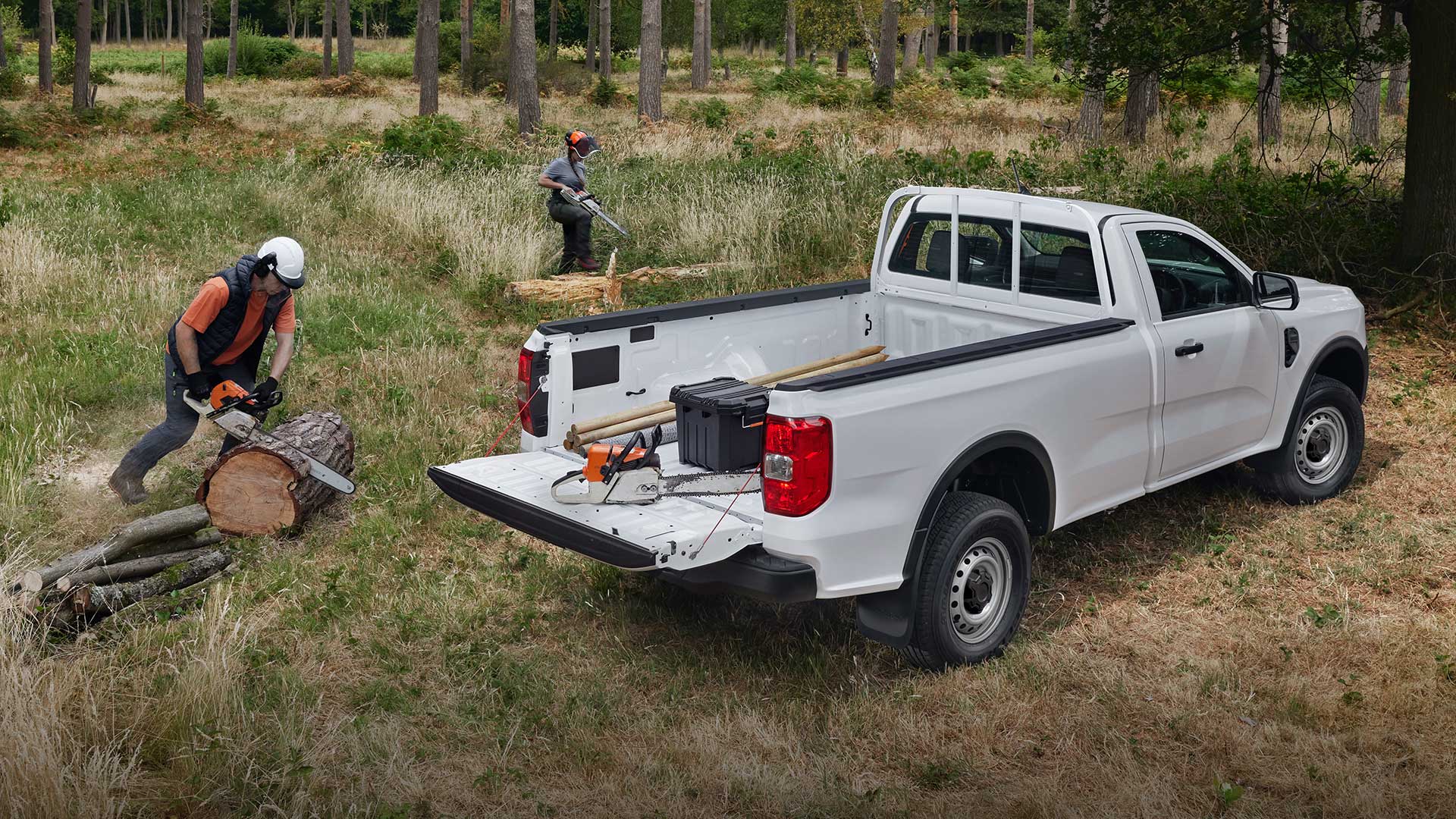 Ford Ranger Simple Cabine blanc garé sur l’herbe, hayon baissé. Personne en train de tronçonner des bûches à proximité.