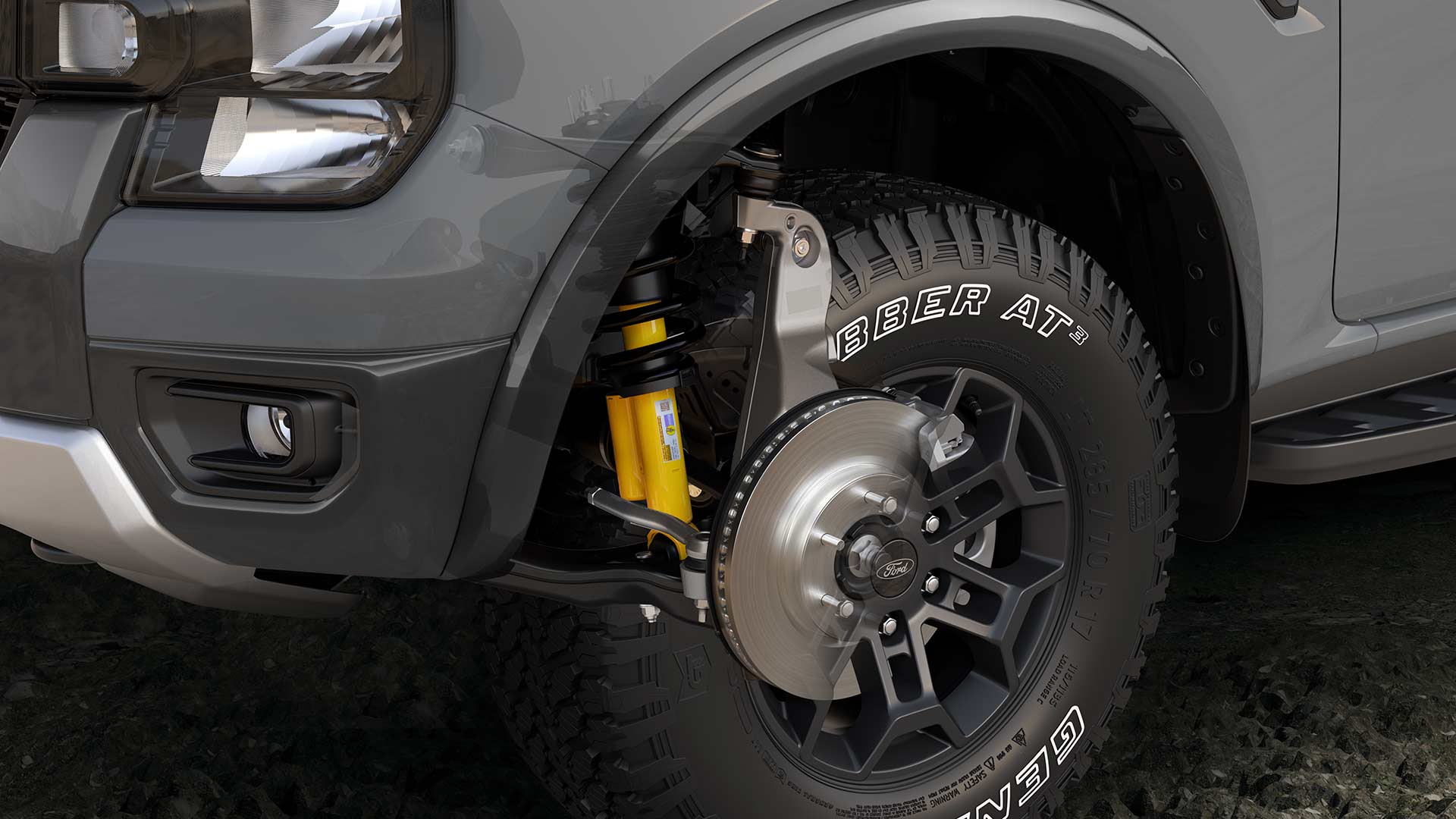 Gros plan sur les roues et la suspension d’un Ford Ranger Double Cabine.