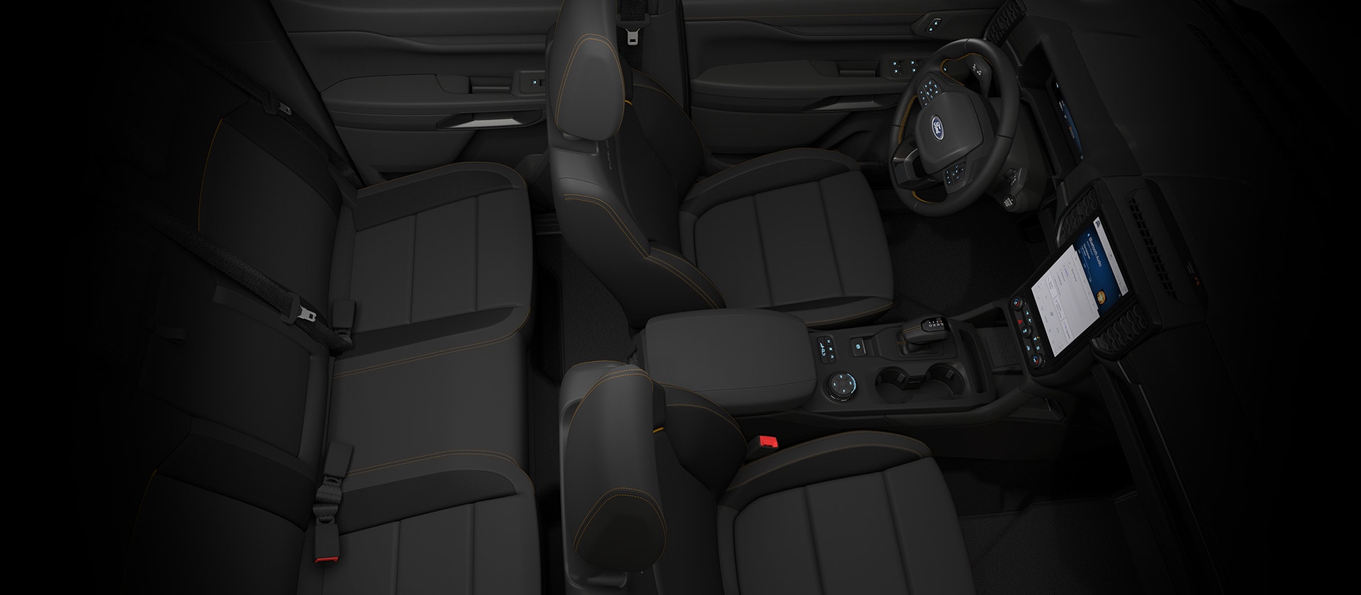 Vue de dessus de l’intérieur d’un Ford Ranger Double Cabine, montrant le tableau de bord.