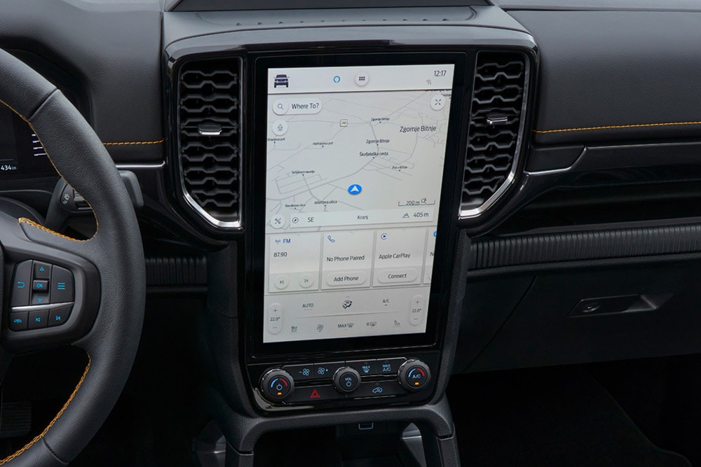 Gros plan sur l’écran tactile central SYNC™ 4 de 12 pouces du Ford Ranger.