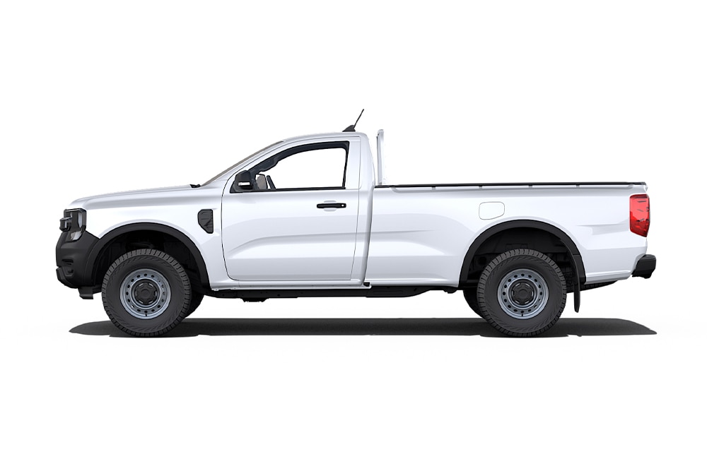 Side view of a white Ford Ranger single cab pick-up truck.