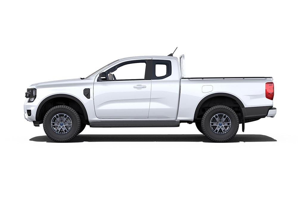 Side view of a white Ford Ranger super cab pick-up truck.