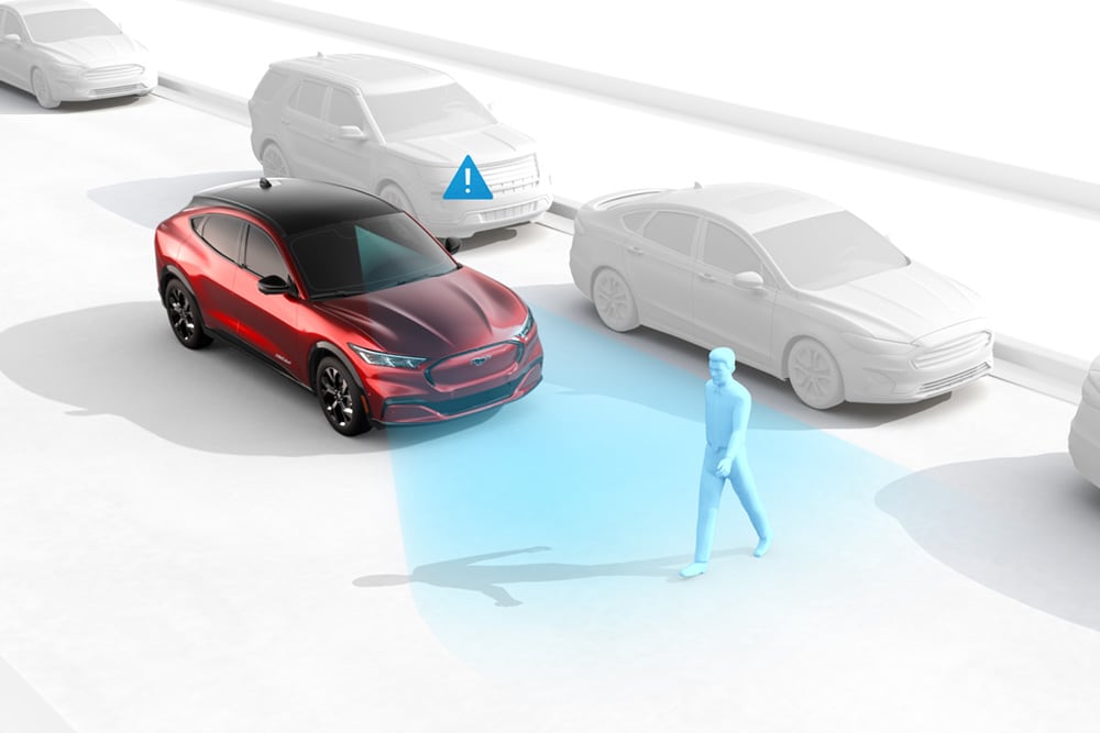 Illustration du système de freinage d’urgence automatique sur un véhicule Ford.