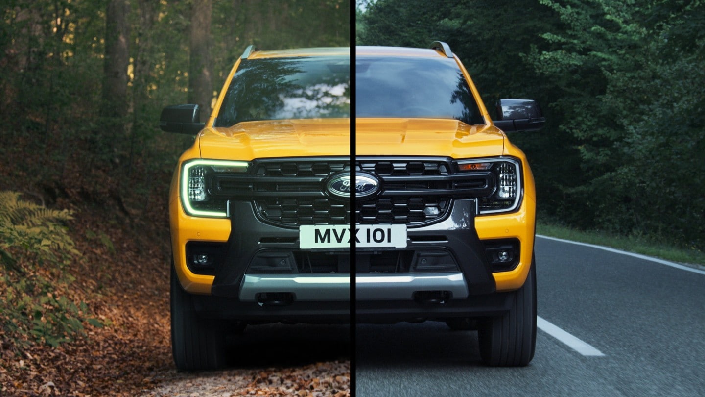 Split front view of All-New Ford Ranger on both paved road and dirt track