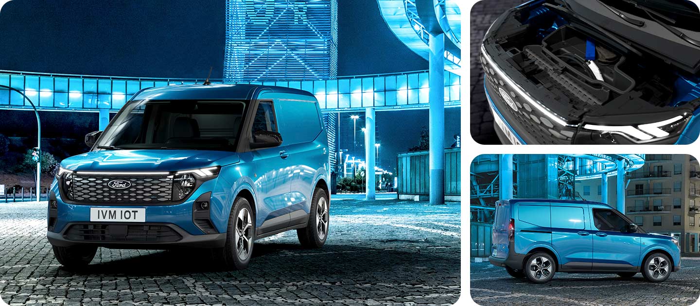 Vue de l'avant du Ford E-Transit Courier bleu