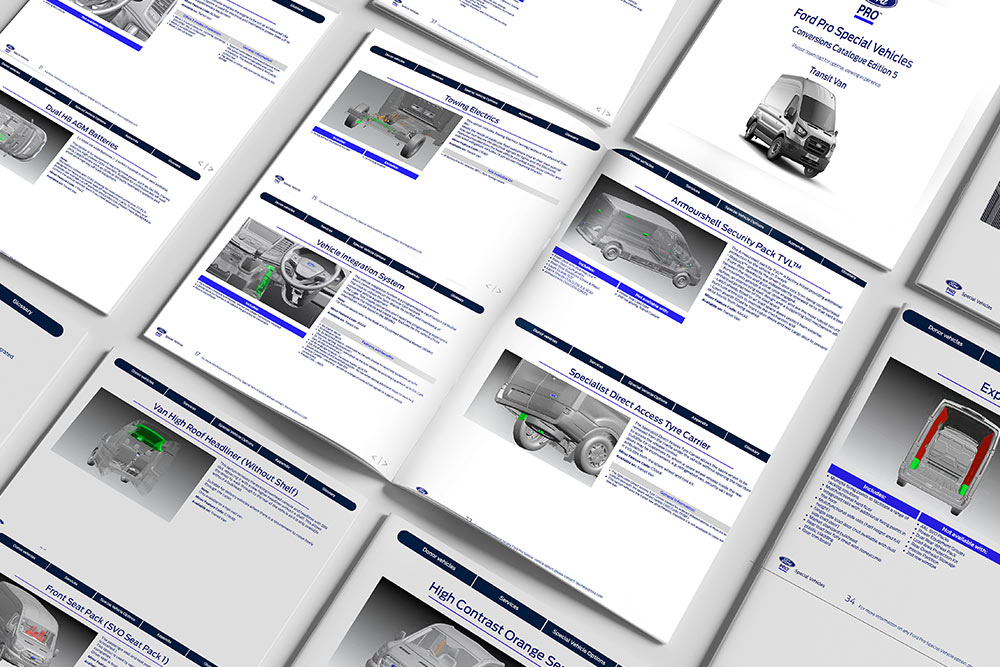 Catalogue de conversion Ford Pro ouvert aux pages techniques.