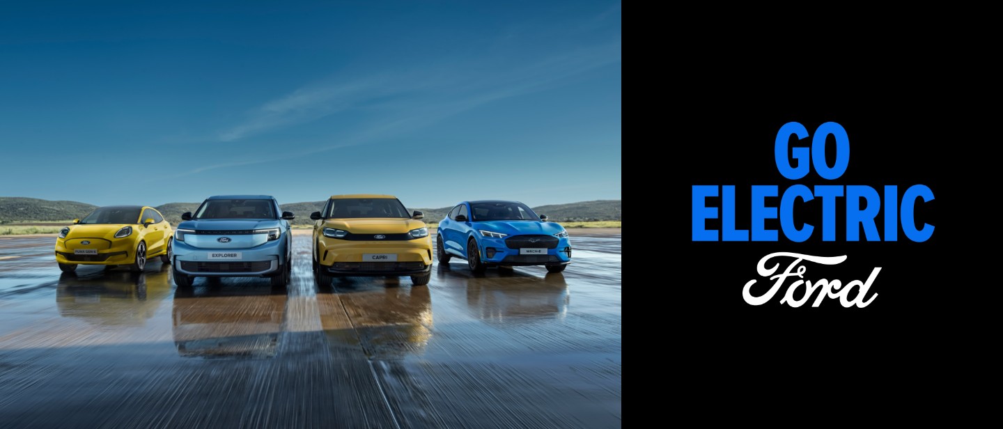 La gamme de véhicules électriques Ford avec le logo Go Electric à coté.